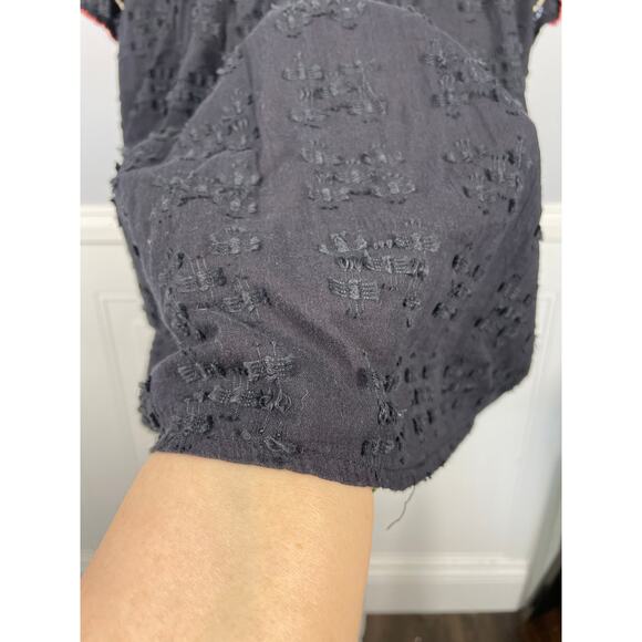 ACOS&A, Size Large, Black Blouse, Embroidered, Flutter Sleeve, Boho, Tassel - Picture 2 of 9
